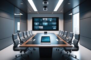 A futuristic conference room with technology.