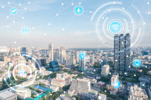 An image of a city is overlayed with a wireless connectivity network.
