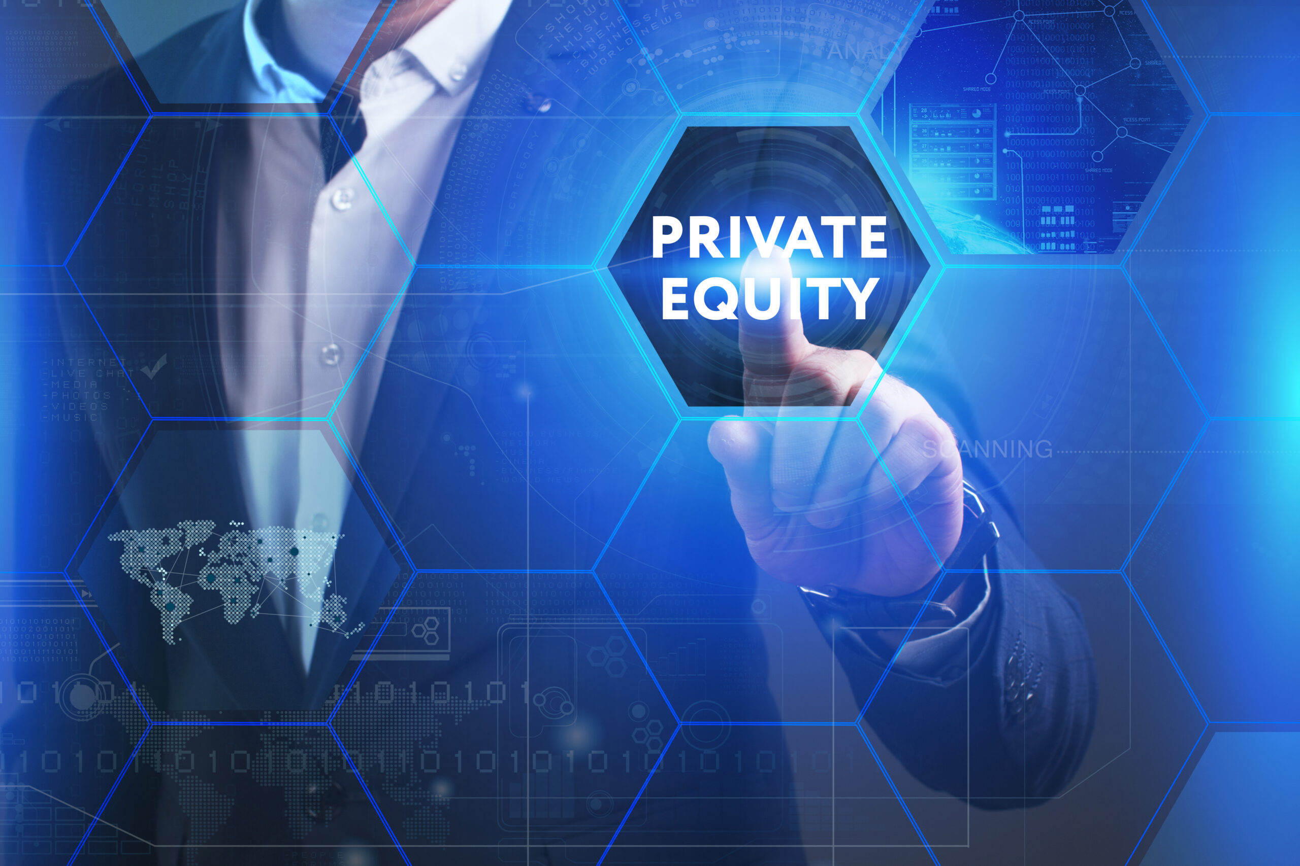 Text showing the words "private equity" is shown in front of a man in a suit.