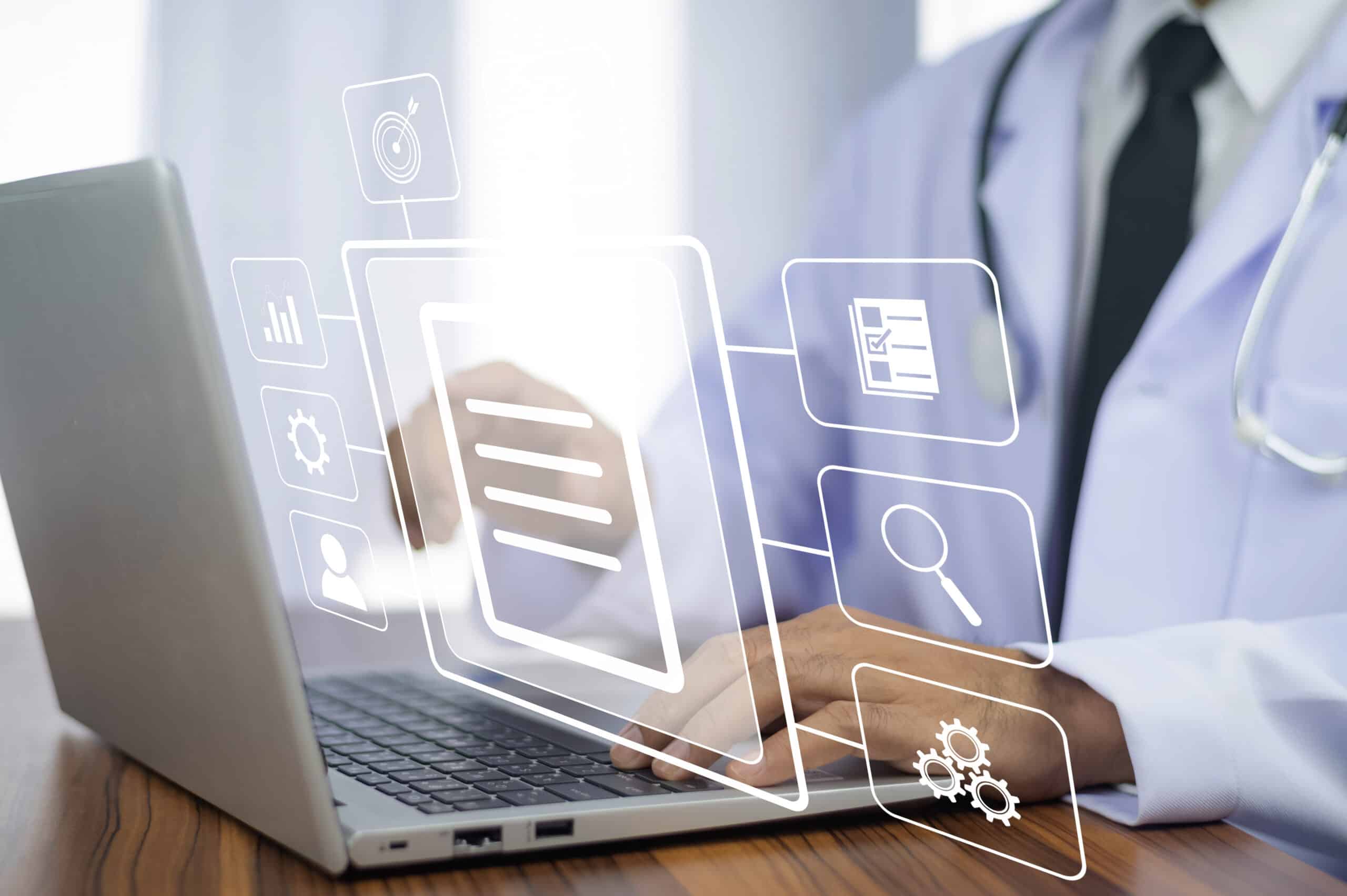 A man is typing on a computer, and the image is overlayed with a holograph showing the process documentation he is using to efficiently manage files.