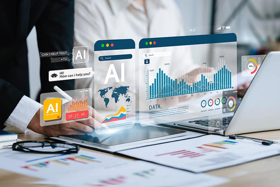 Business people analyze data and big data technology Two businessmen calculate business analysis and display images of complex data sets on a computer on the screen. artificial intelligence