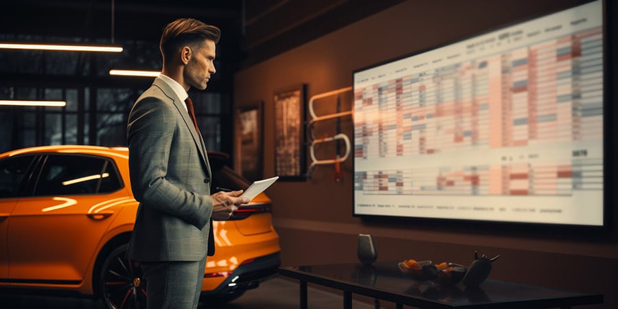 Business Professional Presenting Car Sales Data In Showroom Filled With Vehicles