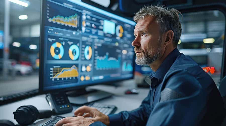 a fleet manager using advanced software for ev fleet management focus on a computer screen displaying a dashboard with various metrics like vehicle locations battery levels in automotive industry