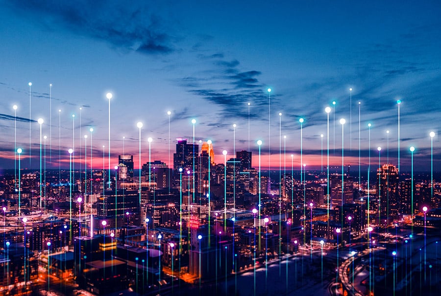Telecommunications Solutions on background of digital city