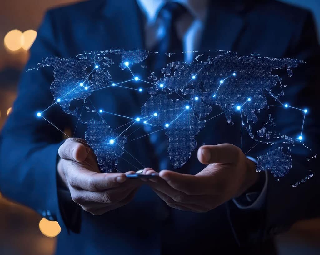A business professional presenting a glowing digital world map,