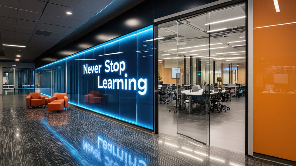 A large glass door with the words Never Stop Learning written on it