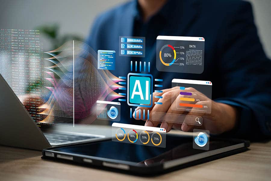 Big data and AI technology, Business intelligence and AI data science, Automating data processing, Machine learning and business intelligence, AI driven data processing, KPI performance monitoring demonstrating Ai safety for marketers.
