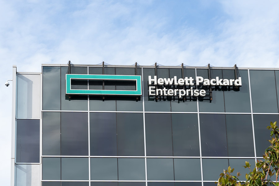 Close up of Hewlett Packard Enterprise logo and sign on the building