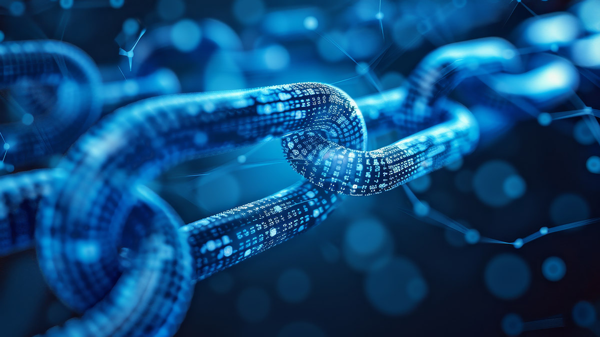 Blue digital chains interlocking, symbolizing security, connectivity, and technology networks.